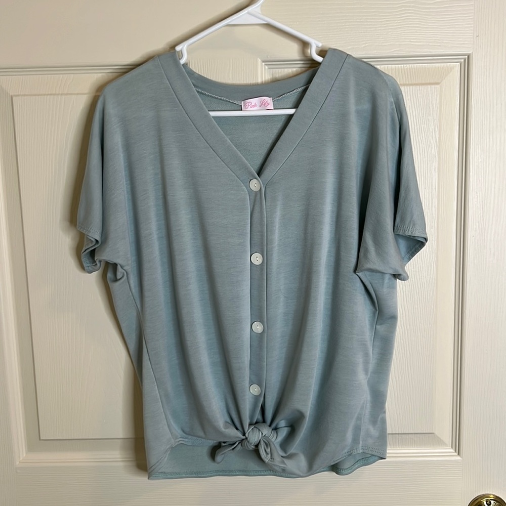 Pink Lily Sage Green Button-Front Short Sleeve Knot Tee